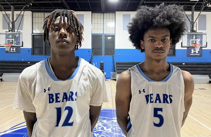 David Ross (left) and Dorrian Sands were two of only five eligible varsity players on the floor for Carver Vo-Tech in its MPSSAA Class 2A state semifinal win over Middletown, Tuesday night. The Bears, with their full roster, will now face Largo for the Class 2A state championship this weekend at the University of Maryland's Xfinity Center.